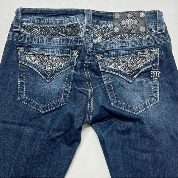 Miss Me | Bedazzled Whispering Effect Factory Distressed Signature Crop Jeans - Picture 7 of 10